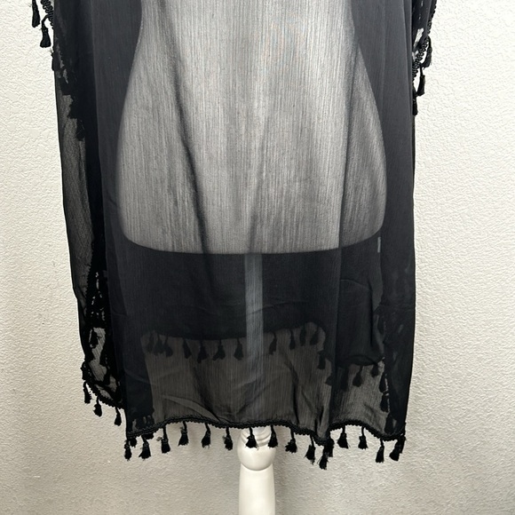 Boho Black Sheer Summer Cover-Up with Ball Tassel Detail One Size New! - Picture 5 of 8
